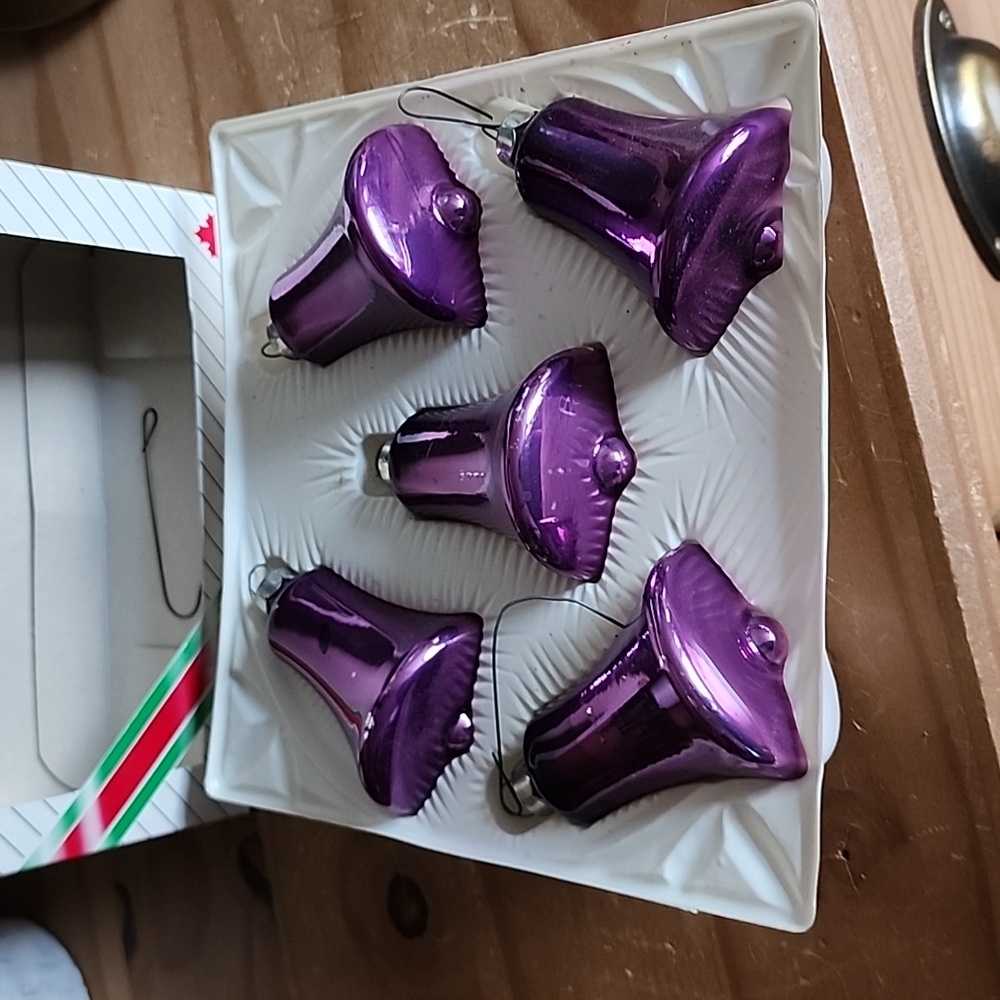 Vintage NOMA DoublGlo Purple Bell Shaped Baubles Christmas Ornaments